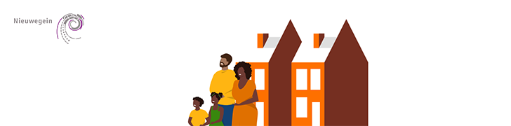 Illustratie van twee huizen en een gezin met twee kinderen